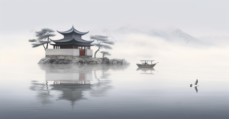 中国风质感山水画油画风景艺术背景插画湖中央一座小亭子,插画/手绘图,插画/手绘图库,插画/手绘图下载,插画/手绘
